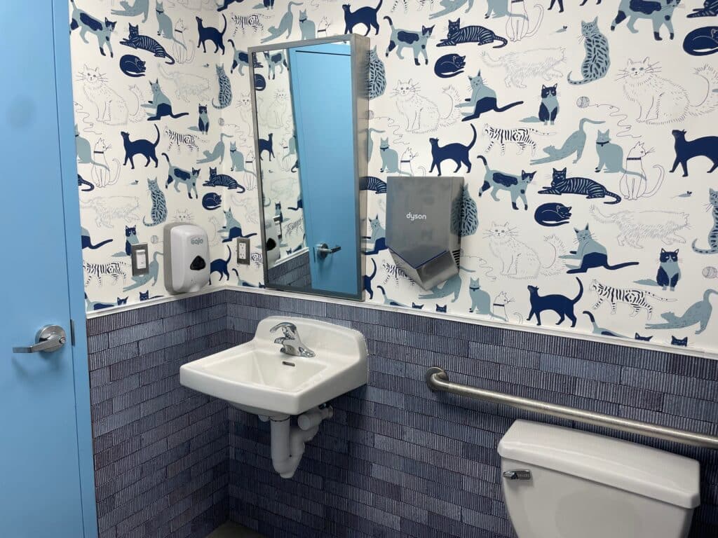 A photo of a bathrooom with cat wallpaper